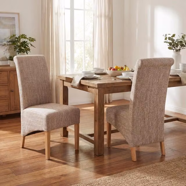 Shankar Classic Checked Dining Chairs in Beige and Brown Fabric with Rubberwood Legs