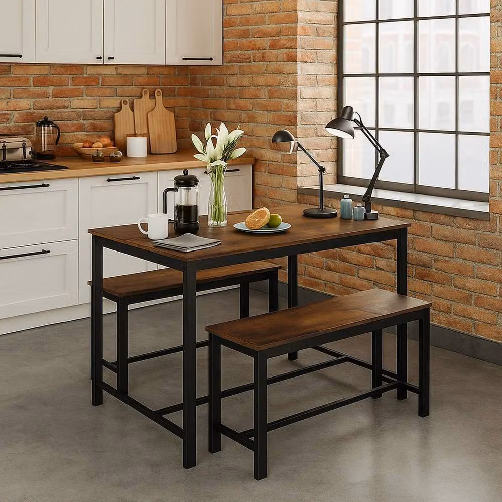 PAWNORA 3 Piece Modern Rectangular Kitchen Dining Set with Table and Benches in Brown – 2
