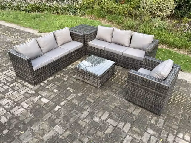 Fimous 7 Seater L-Shape Rattan Garden Furniture Set in Dark Grey with Armchairs, 3 Seater Sofa, Coffee Table and Side Table
