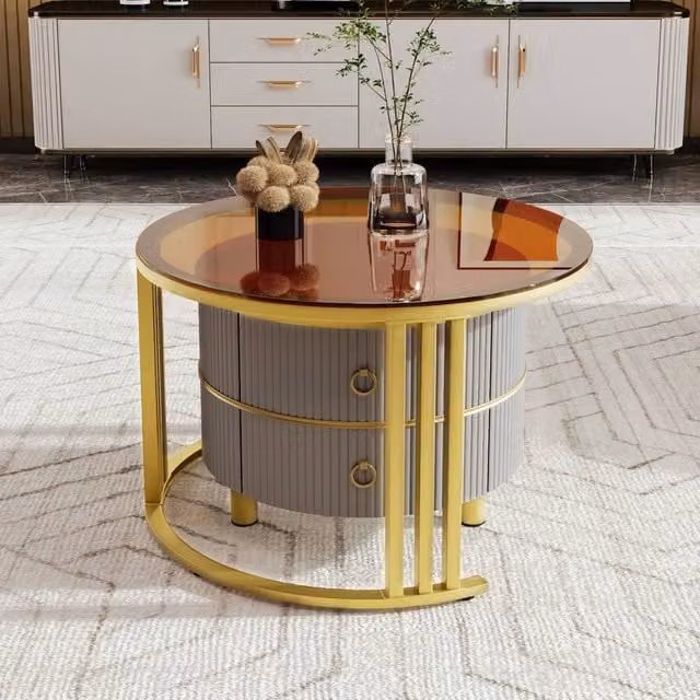 STILVORA 2 Piece Round Nested Coffee Table Set with Glass Tops and 2 Drawers in Grey and Brown