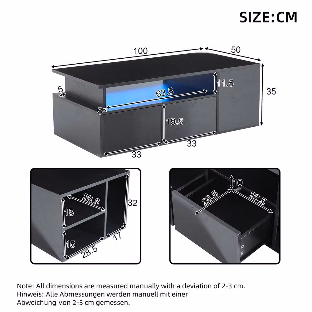 STILVORA Modern Black Glossy Coffee Table with 2 Drawers and Open Storage, W/D/H: 100 x 50 x 35 cm – 3