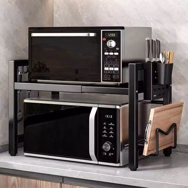 KORVIXA 2 Tier Expandable Microwave Oven Rack Stand in Black, W/D/H: 100 x 100 x 100 cm – 1