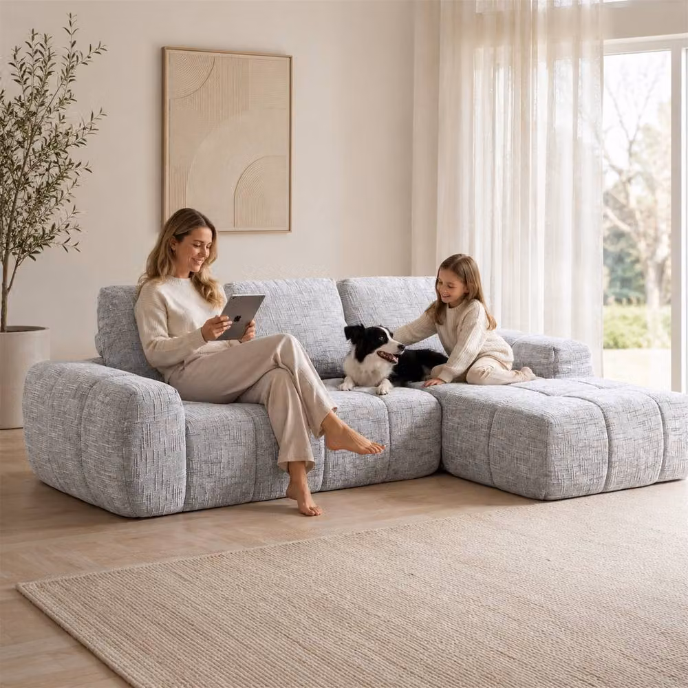 Mimo Grey L-Shape Modular Chaise Lounge Sofa Set with Chenille Fabric and Removable Covers – 4