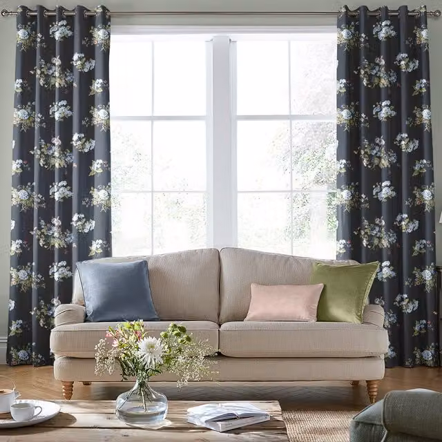 Laura Ashley Rosemore Made to Measure Blackout Floral Eyelet Curtain Panel in Blue