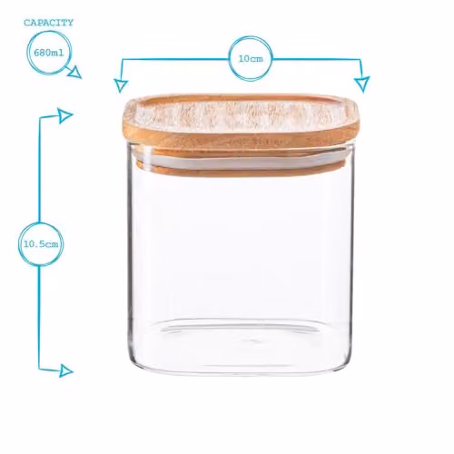 Argon Tableware 4 Pack Square Glass Storage Jars with Airtight Wooden Lids, 680ml, Transparent – 2