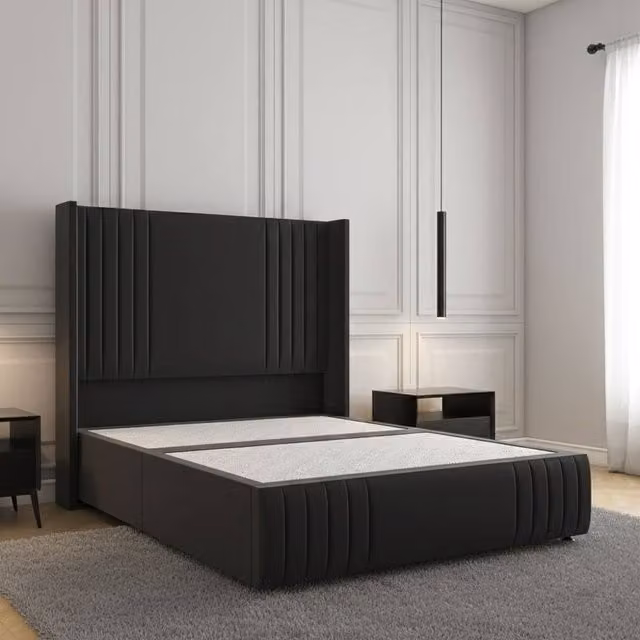 Regional Furnishings Double Divan Bed with 54 inch Plush Velvet Headboard and Footboard in Black, W/D/H: 140 x 200 cm