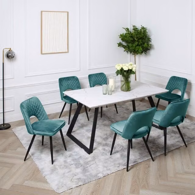 Home Garden Direct Venice Dining Set with Marble-Effect Rectangular Table and 6 Chairs in Green