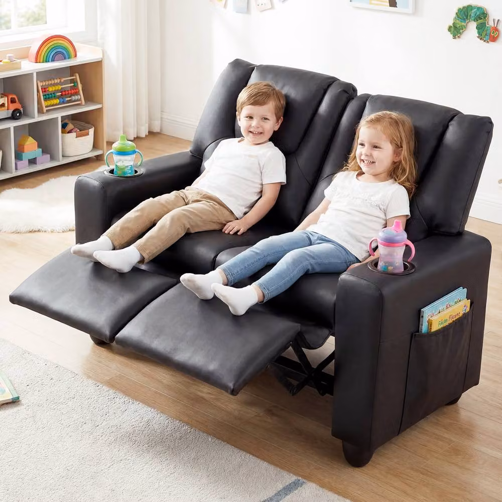 CASART 2-Seater Kids Recliner Double Toddler Sofa Chair in Black with 2 Cup Holders – 4