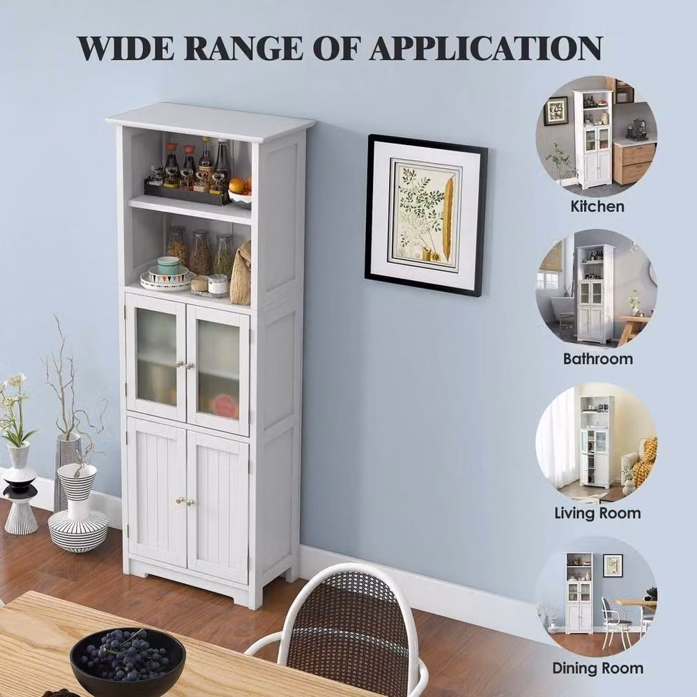 EONLION White Lacquered Wood Tall Storage Cabinet with 2 Hinged Doors and Open Shelf, Height: 100 cm – 4