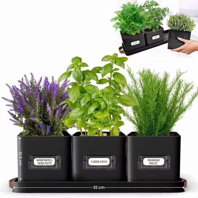 Green Thumbz Set of 3 Black Steel Window Herb Pot Planters for Indoor and Outdoor Use