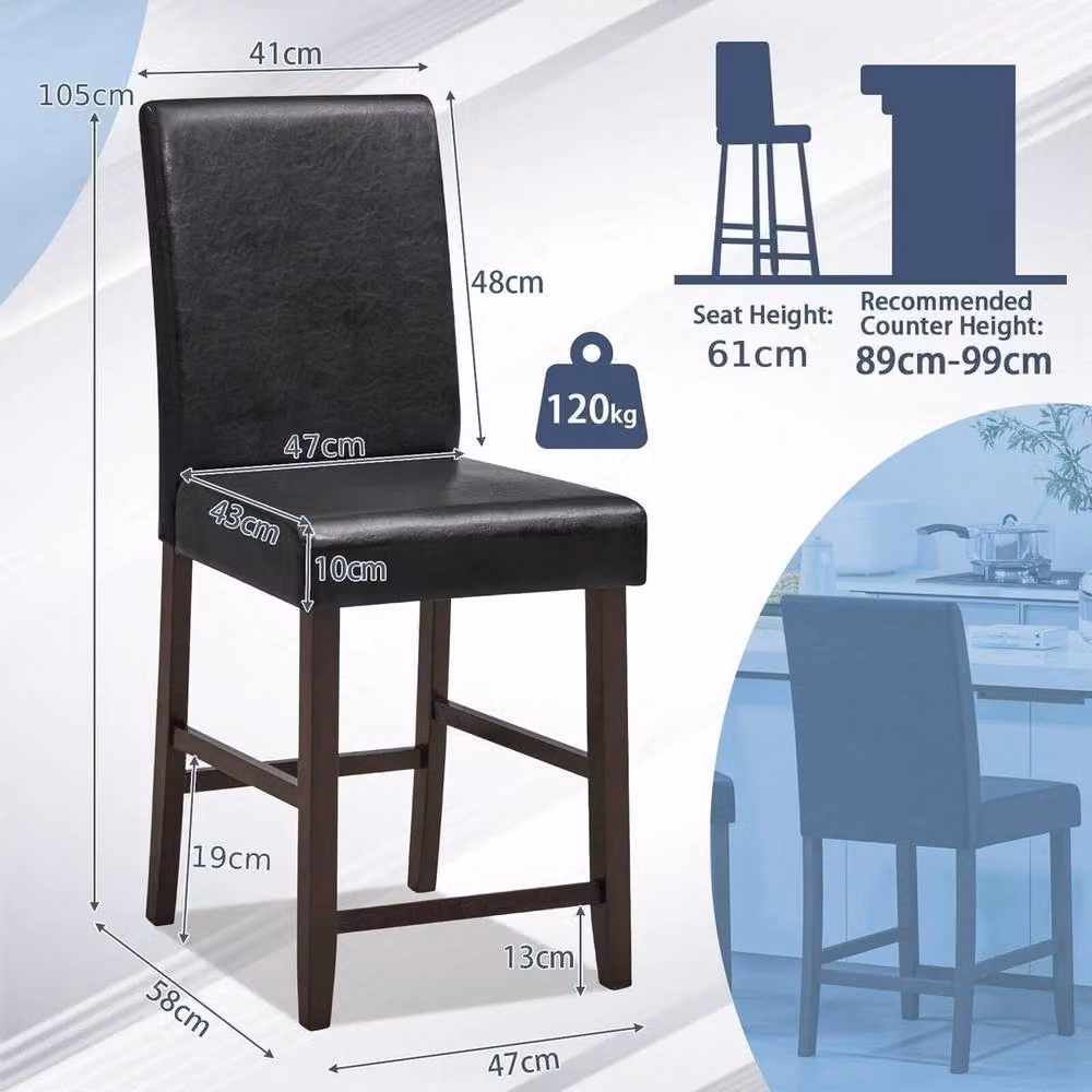 NESTLUNE 2-Pack PU Upholstered Bar Stools in Black with Rubberwood Legs – 2