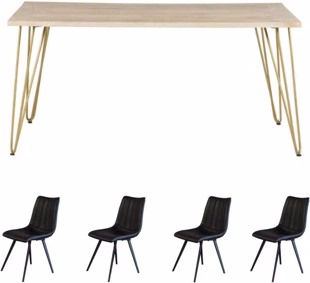 IH Design Modern Rectangular Mango Wood Dining Table Set with 4 Chairs in Brown and Gold