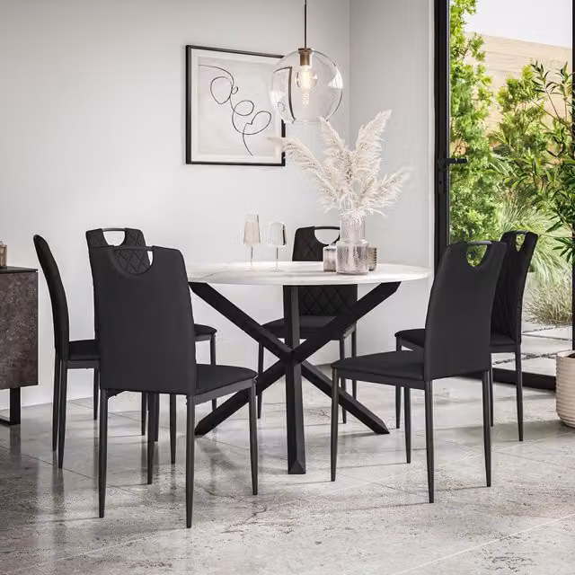 More4Homes Malvern Round Dining Table and 6 Monza Faux Leather Chairs Set, Marble Top with Black Solid Oak Legs