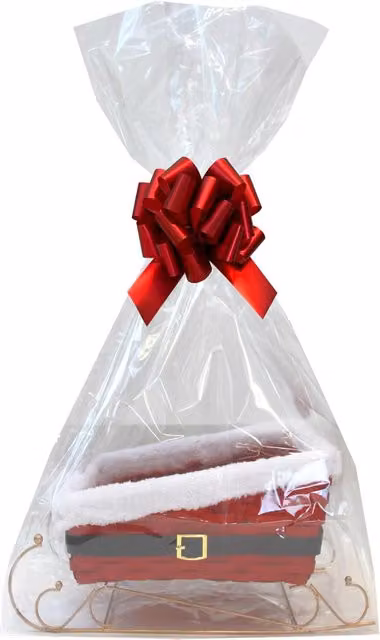 Hampabox Christmas Gift Kit Santa Sleigh Basket with Red Shred, Bow, Bag and Tag in Red and Gold
