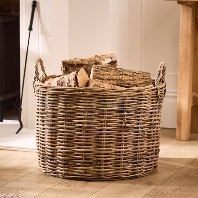 Dibor Traditional Round Large Grey Rattan Log Basket with Handles H: 40 cm, L: 57 cm, W: 40 cm – 1