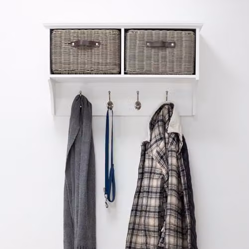 Statement Furniture Tetbury Wall Mounted Coat Rack with Hanging Shelf and Washable Baskets in White and Grey – 1