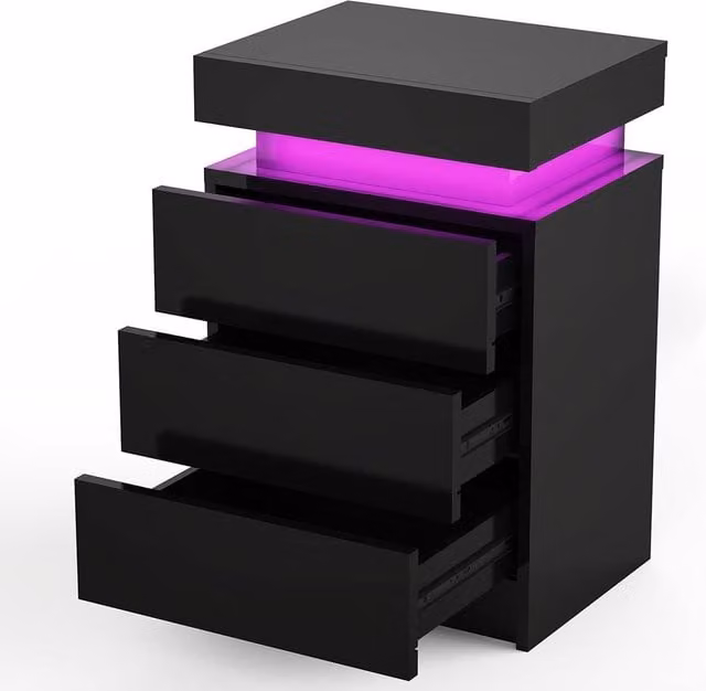 Ventryn Black High Gloss Bedside Table with RGB LED Lighting and 3 Drawers – 1