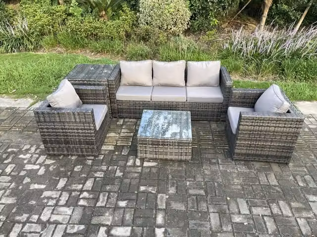 Fimous Outdoor Lounge Sofa Set in Dark Grey, featuring a 3-Seater Sofa, 2 Armchairs, and a Coffee Table with Upholstered Cushions