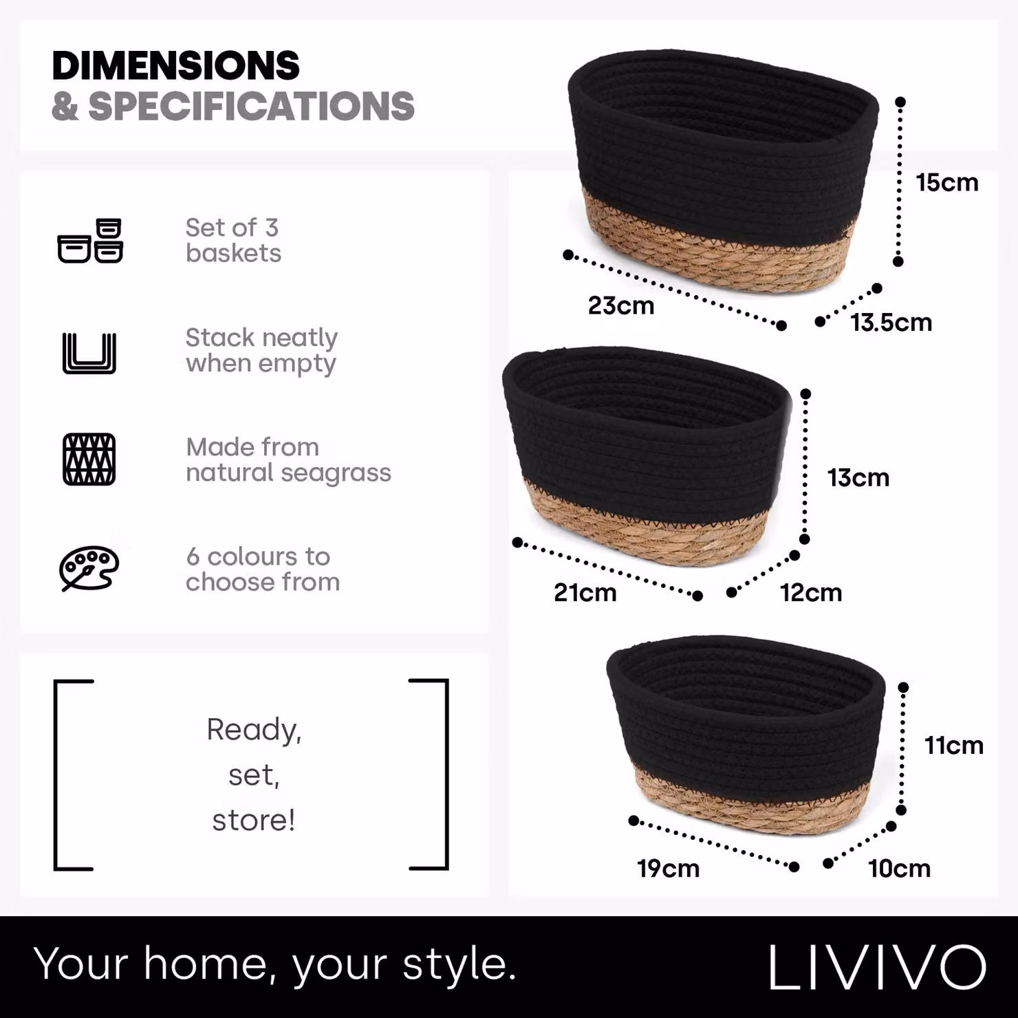 LIVIVO Tulla 3-Piece Stackable Seagrass Storage Basket Set in Black and Grey – 6