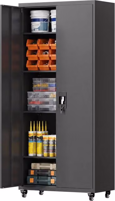 HOMCOM Industrial Metal Storage Cabinet with Hinged Doors and Internal Shelves in Matt Black
