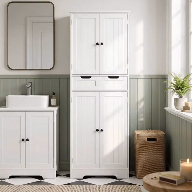 FORGEVIO Tall Bathroom Cabinet with Drawer and Internal Shelves in Matt White