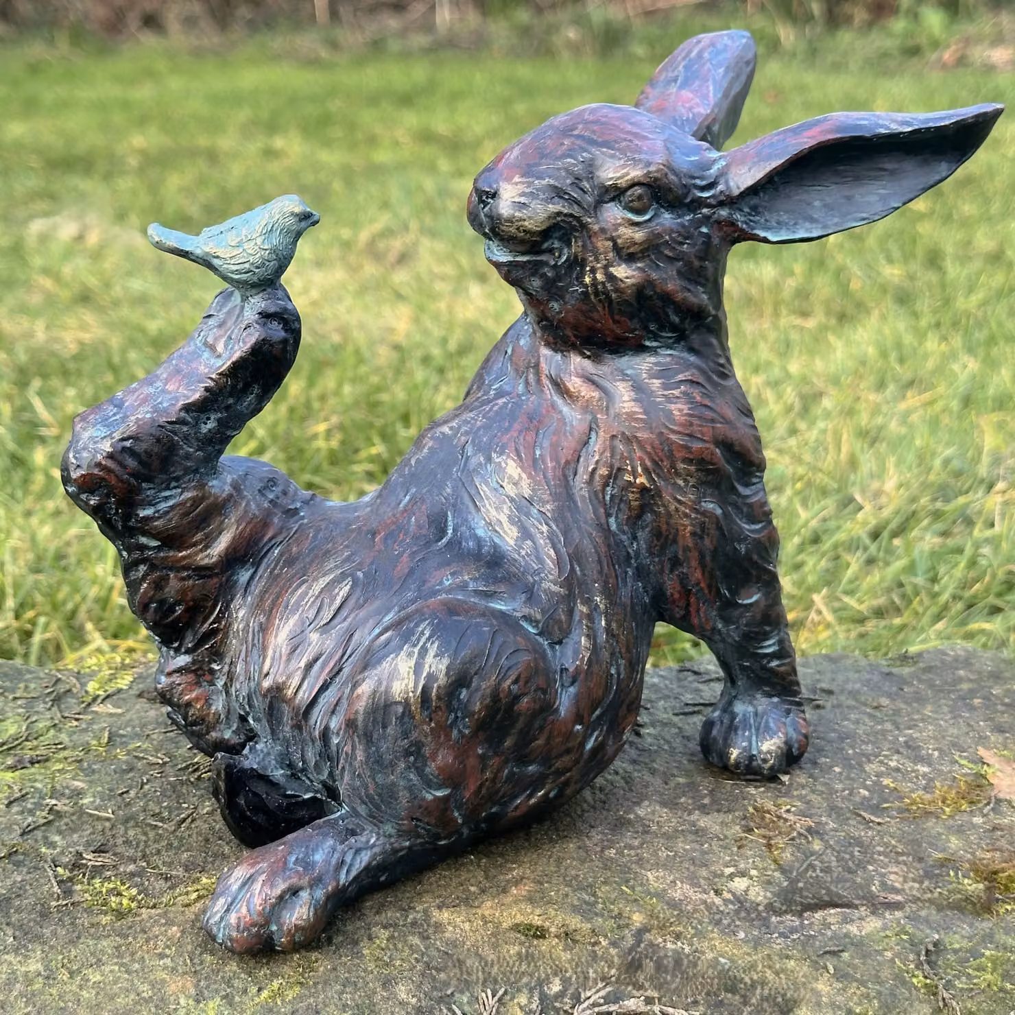 Animal Crackers Bronze Effect Rabbit with Bird Figurine Garden Ornament, H 18.0 cm x W 12.5 cm x D 12.5 cm – 2