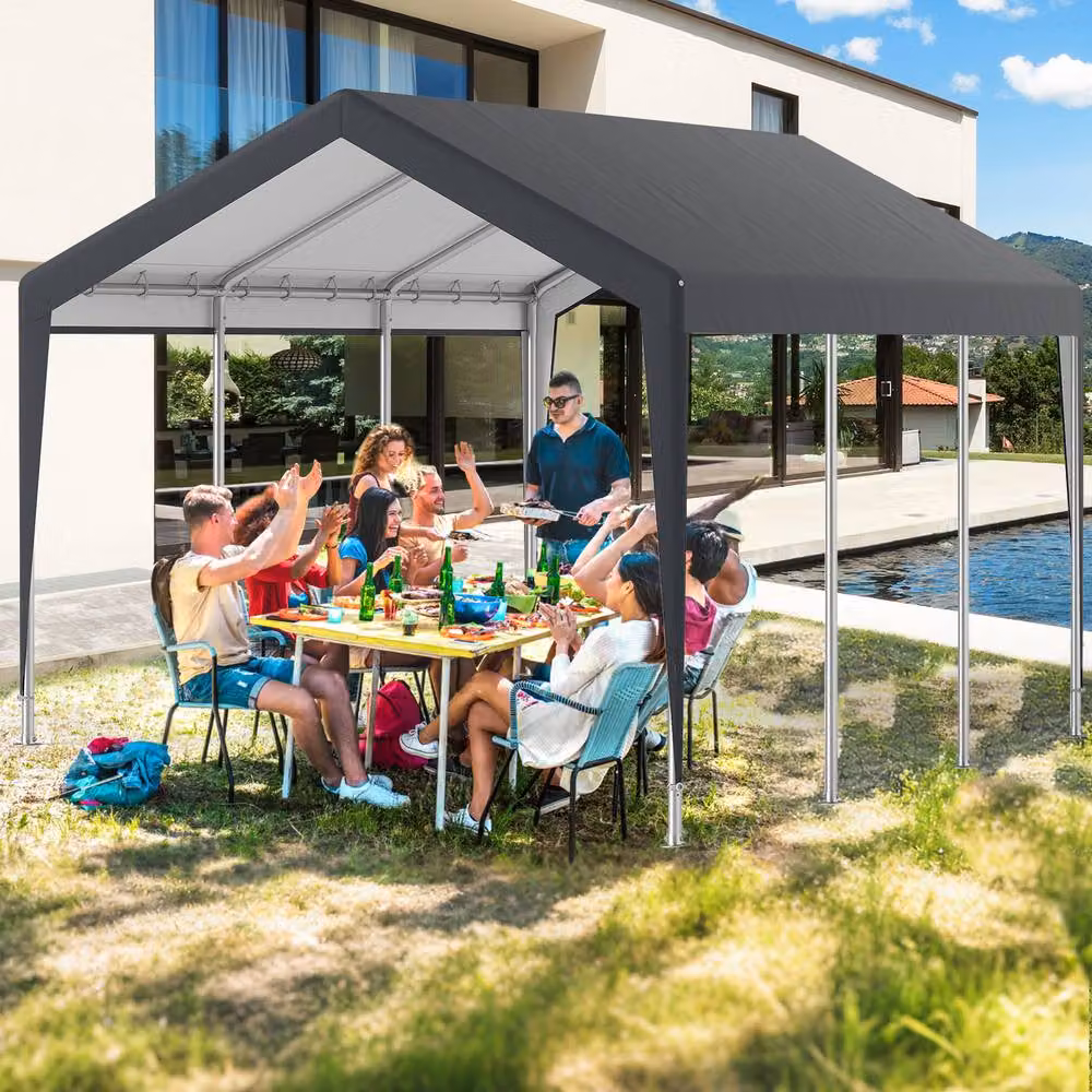 Gymax Grey Car Shelter Garage Canopy Tent with 8 Removable Sidewalls, W: 600 cm, D: 300 cm, H: 280 cm – 5