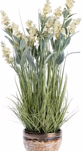 Homescapes Artificial White and Purple Lavender Plant in a Round Metallic Ceramic Pot, Height: 66 cm
