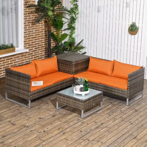 Outsunny 4 Seater L-Shape Rattan Garden Furniture Set with Storage Table and Cushions in Orange – 2