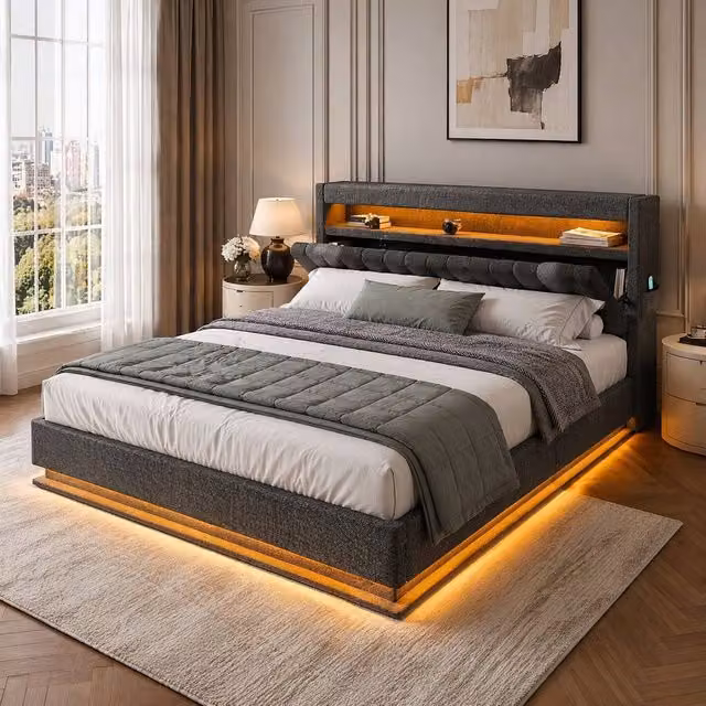 STILVORA Double Bed Frame in Grey with LED Lighting, USB Charging Port and Lift-Up Storage Base
