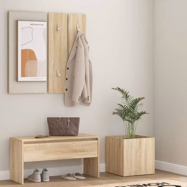 Berkfield Home Sonoma Oak Hallway Furniture Set in Beige with Bench, Mirror and Wall Rack – 1