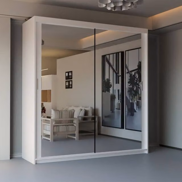 Sliding Wardrobes 4U Modern Double Sliding Door Wardrobe in White, W/H: 100 x 217 cm
