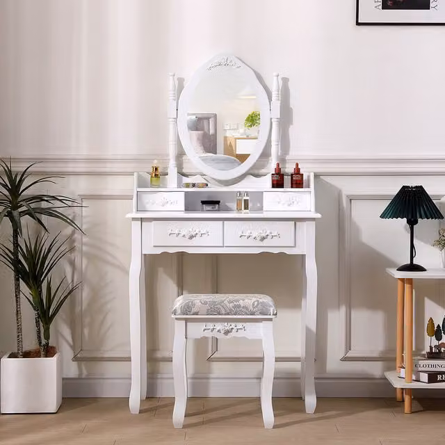 Komore Modern White Makeup Vanity Desk with Mirror and Stool, Width: 141 cm