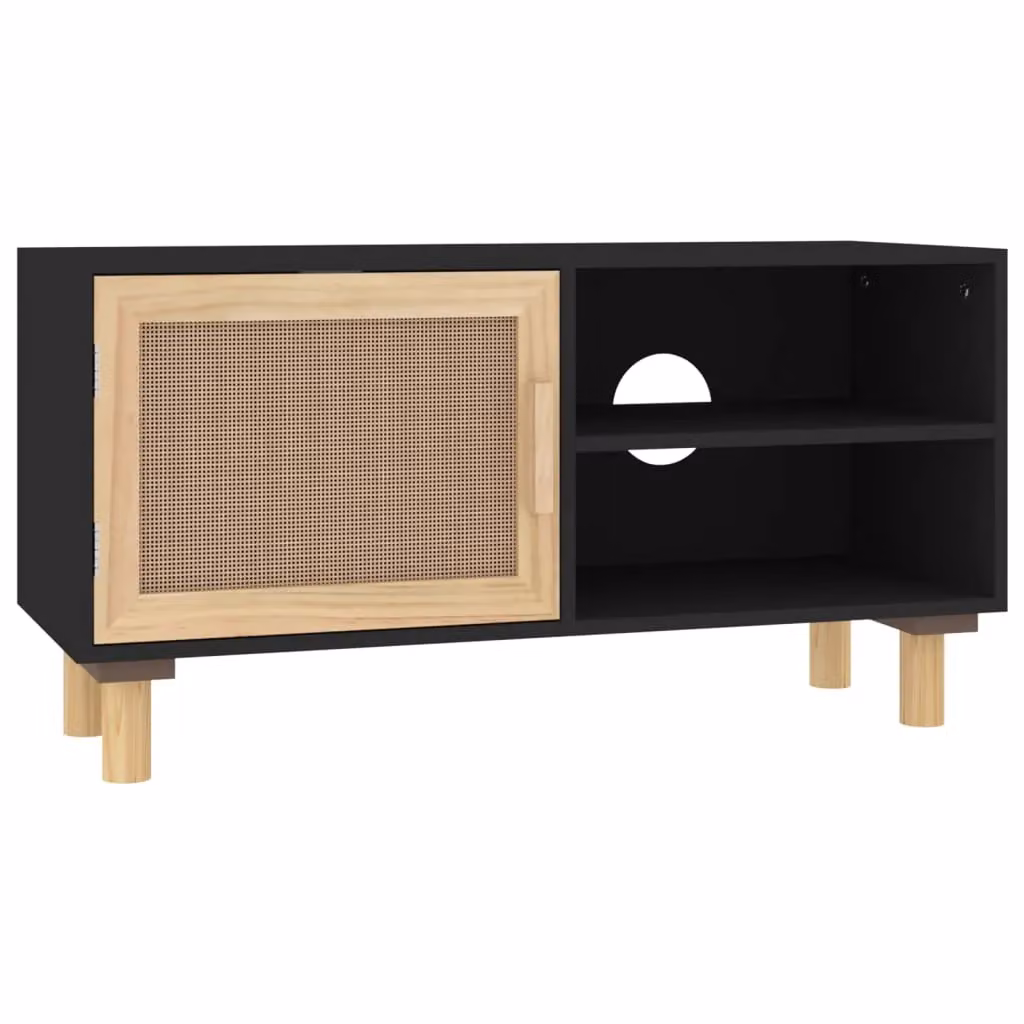 Berkfield Home Black TV Cabinet in Solid Pine and Natural Rattan, W/D/H: 80 x 30 x 40 cm – 2