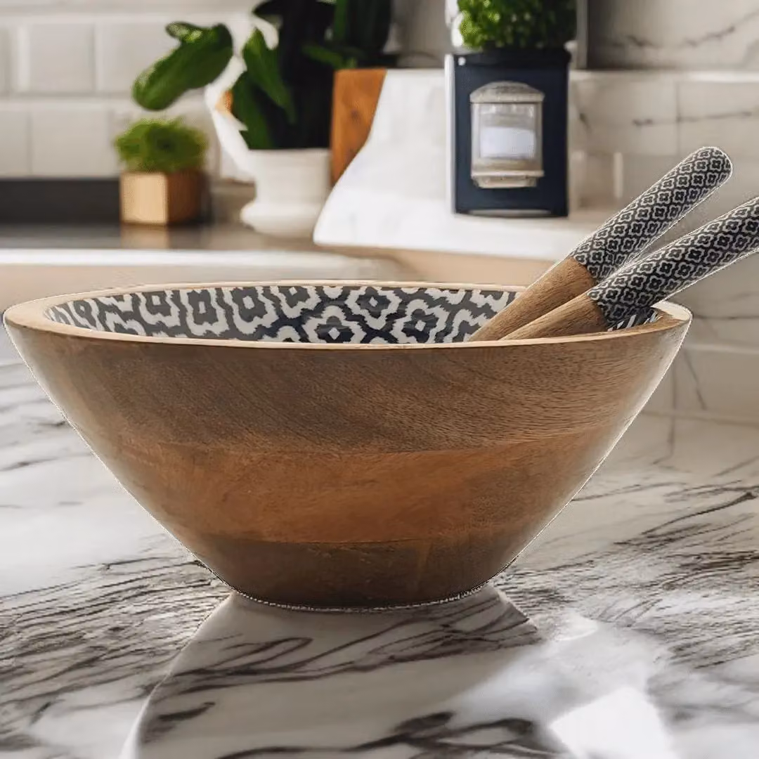 Hartsmede Sambhal Mango Wood Salad Serving Bowl with Spoons, Blue and Brown – 4