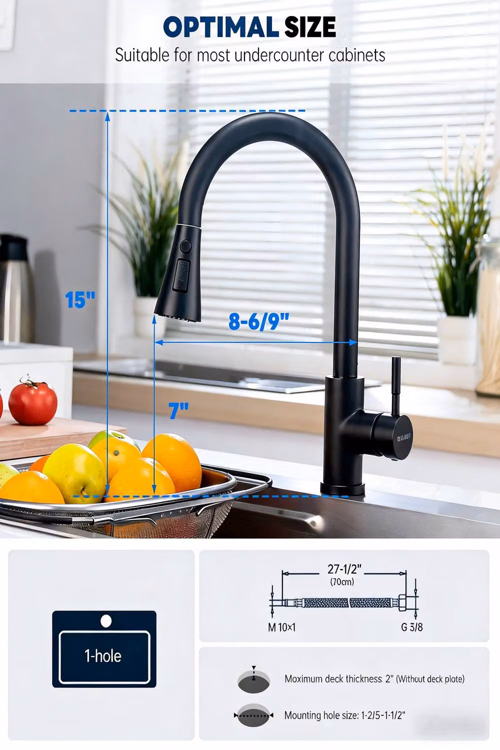 JANLEMNY Matt Black Stainless Steel Kitchen Mixer Tap with Single Lever and Pull-Out Sprayer Spout – 3