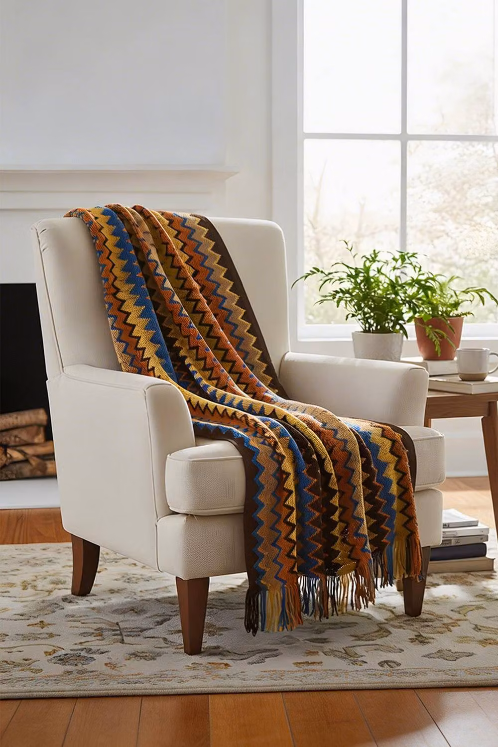 Living and Home Bohemian Knitted Chevron Throw Blanket with Fringes in Brown and Multicolour – 2