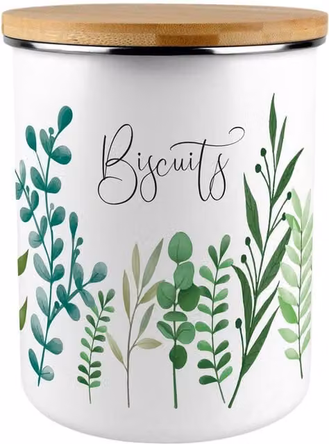 Purely Home Floral Foliage Biscuit Tin in Green and White
