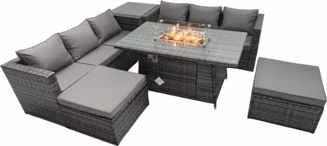 Fimous 6 Seater Rattan Garden Furniture Firepit Dining Set with Lounge Sofa, Table, Side Tables and 2 Footstools in Dark Grey