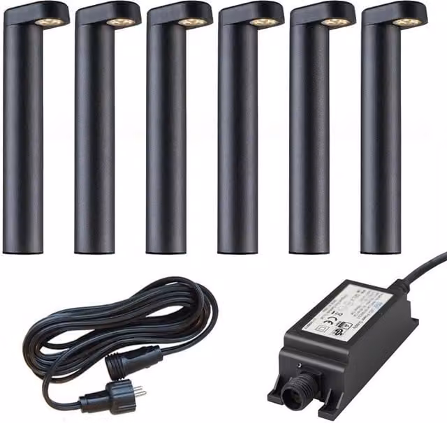 Ludeco Oskar 12V 6-Light Post Kit in Black with Stainless Steel and Glass