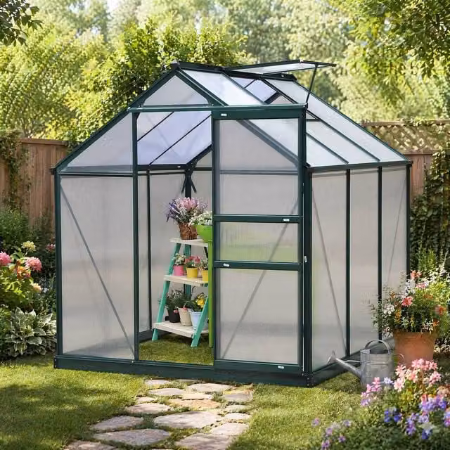 STILVORA Dark Green Polycarbonate Greenhouse with Aluminium Frame, Sliding Door and Window, W/D/H: 182.88 x 182.88 x 201 cm