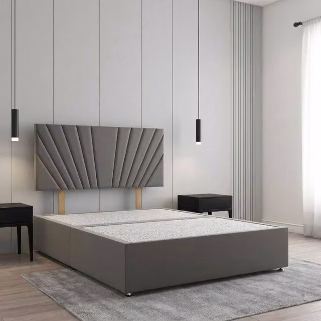 Regional Furnishings Super King Divan Bed Base with 24 inch Headboard in Grey Plush Velvet