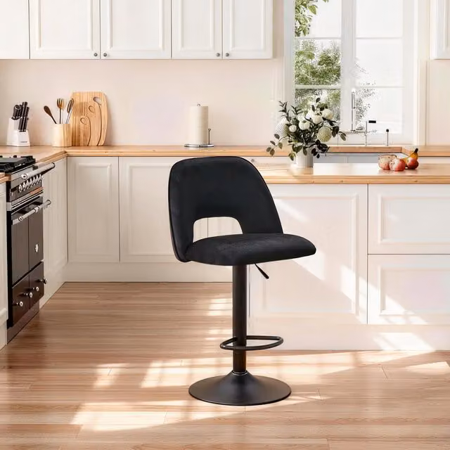 SONARA Modern Black Swivel Bar Stool with Upholstered Fabric Seat and Metal Frame