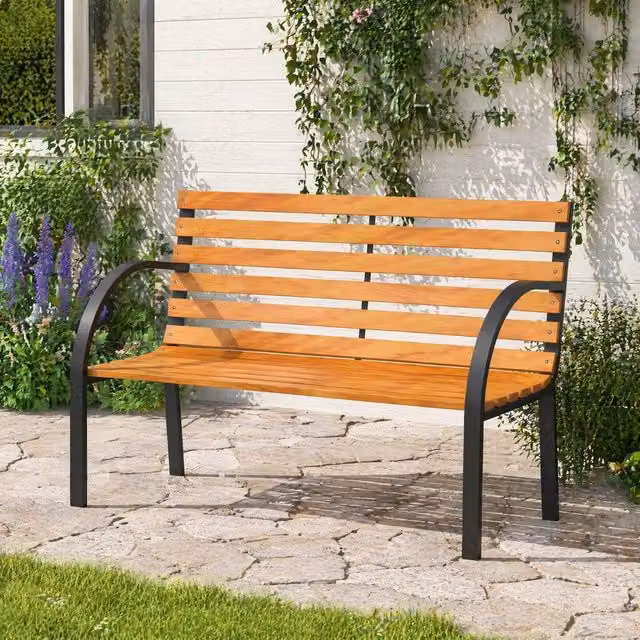 STILVORA 2 Seater Garden Bench with Steel Frame in Light Oak
