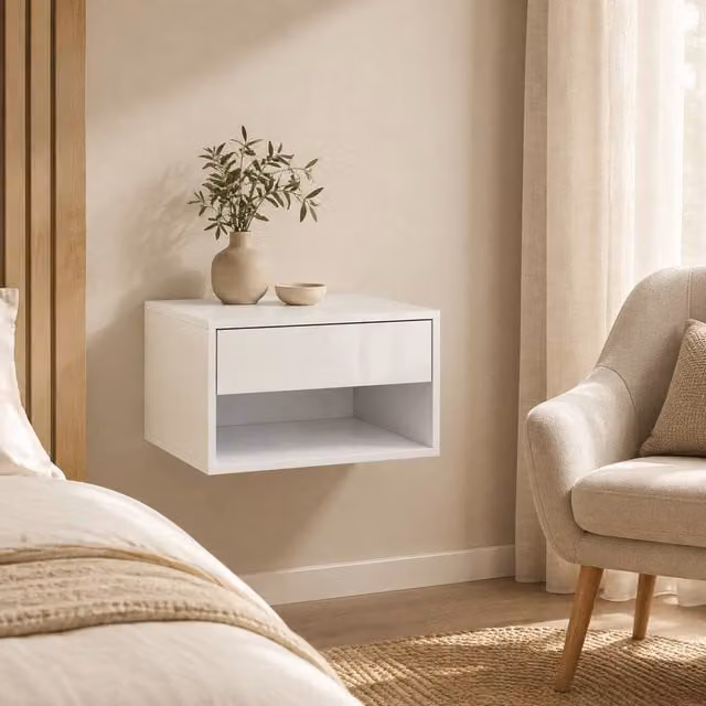 STILVORA Set of 2 Glossy White Wall Mounted Floating Bedside Tables with Drawer and Shelf – 1