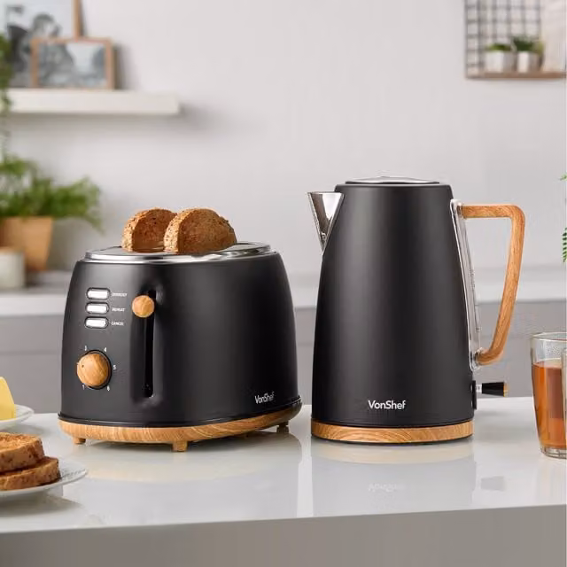 VonShef Fika Kettle and 2 Slice Toaster Set in Black and Metal