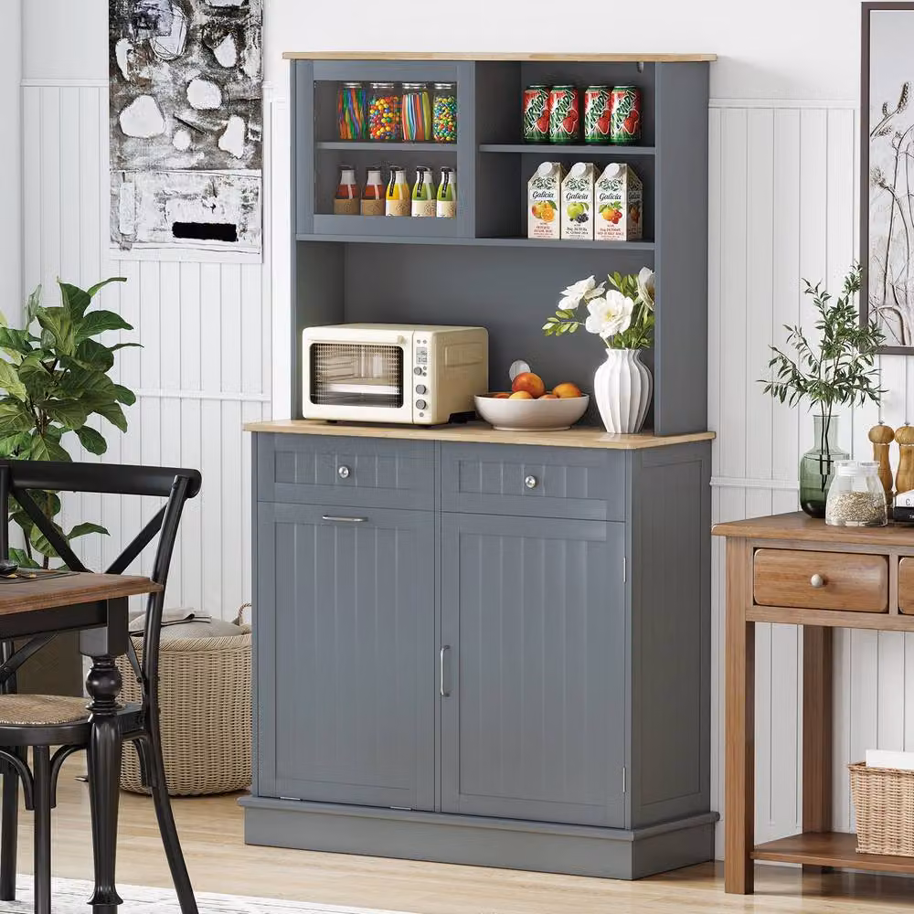 Costway Double Tilt Out Trash Cabinet with Hutch Kitchen Pantry Storage Cabinet in Grey – 4