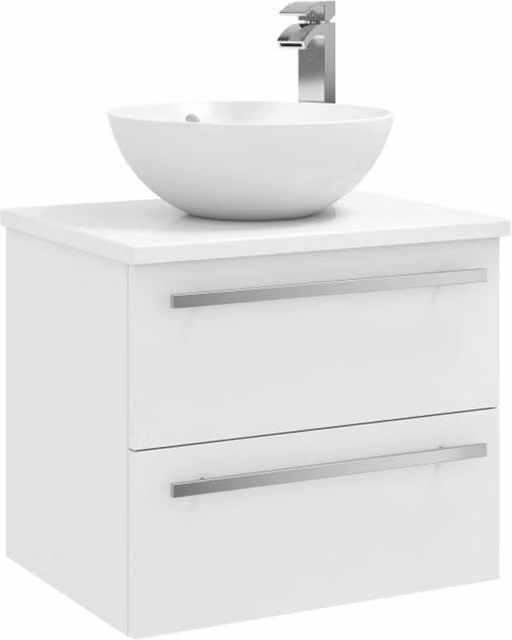Clifton White Wall Hung Bathroom Unit with 2 Drawers and Ceramic Countertop Basin, W: 60 cm, D: 50 cm, H: 45 cm