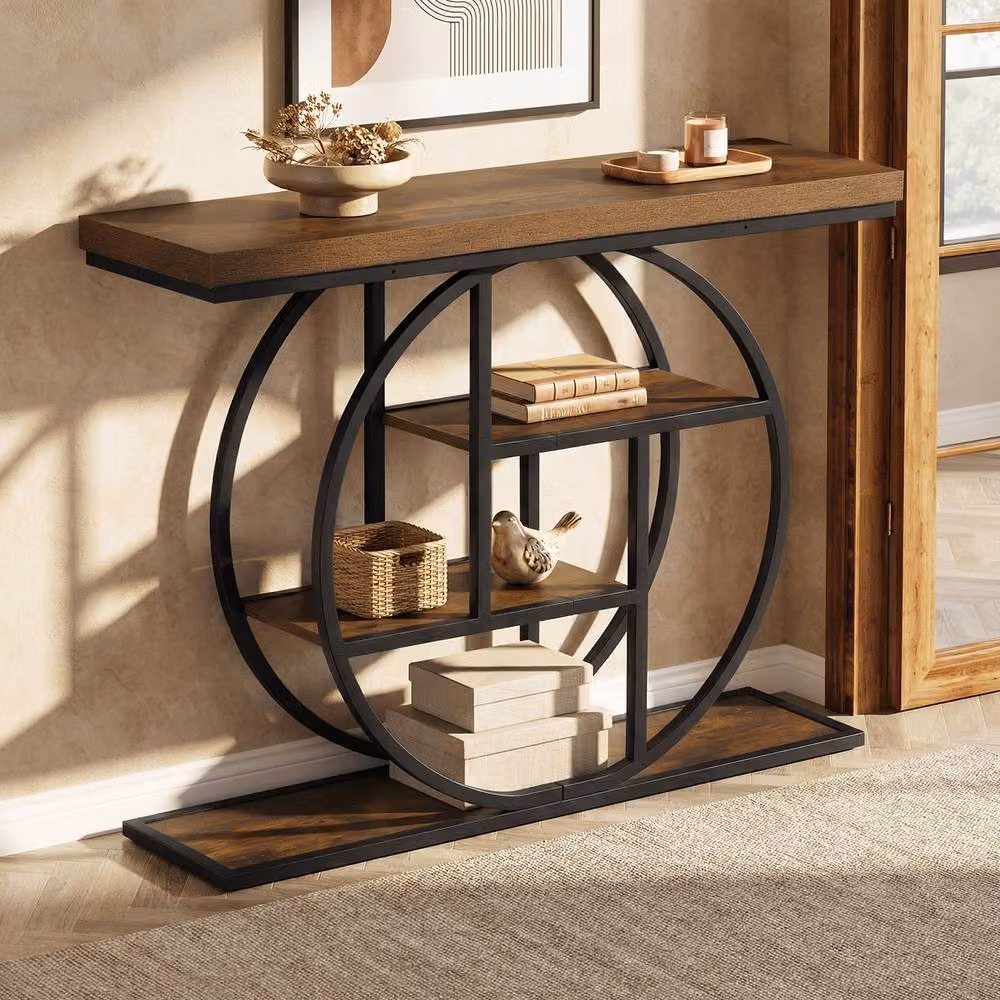 Costway 4-Tier Geometric Console Table with Storage Shelves in Brown – 4