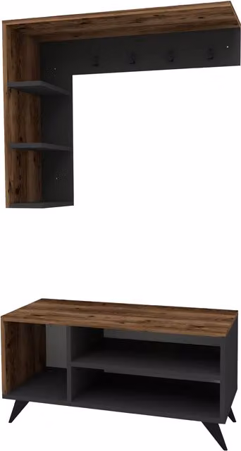 Destina Home Cassia Adjustable Height Coat Rack and Shoe Storage Bench with 4 Hooks and 6 Shelves in Light Walnut and Anthracite